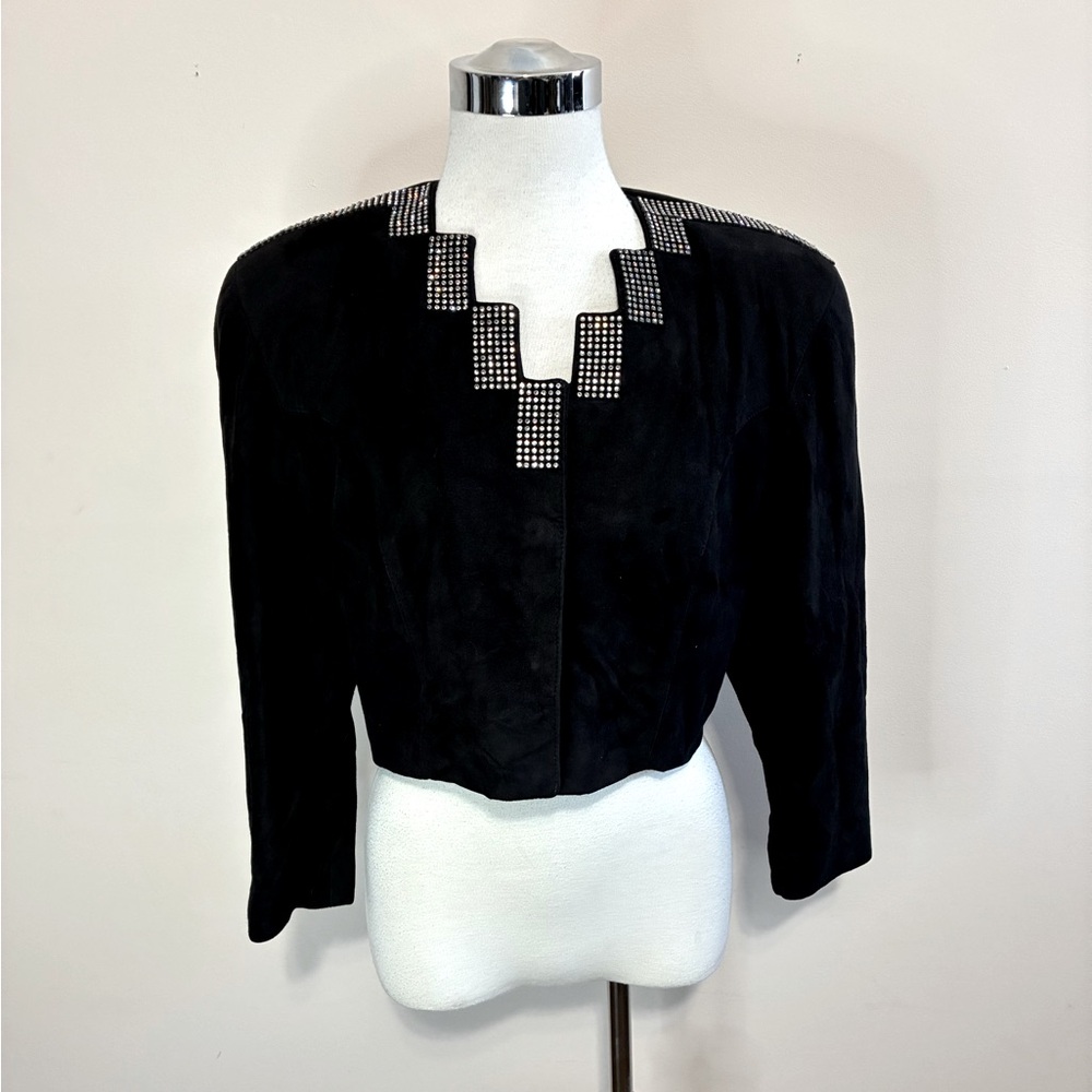 Roger Edwards Women’s Black Suede Leather Cropped Bolero Jacket With Rhinestones